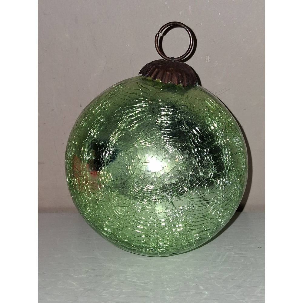 Vintage Green Crackle Glass Christmas Ornament 4" Heavy Kugel Style Ball
